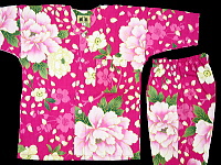 義若オリジナルの子供用鯉口シャツ・ダボシャツ　金彩桜吹雪に大牡丹（ホットピンク）　上下組セット